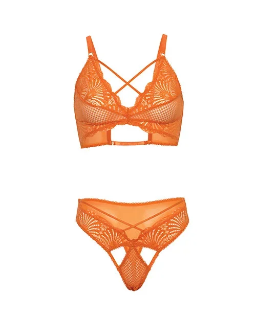 Amina Scallop Lace & Mesh Bralette w/Panty 2 pc Set – Dragon Fire Orange S/M