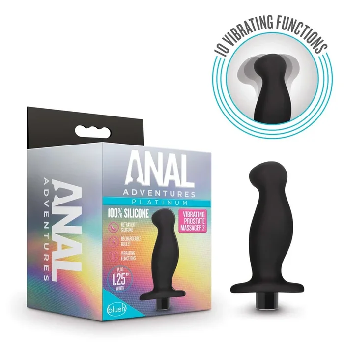 Anal Adventures Platinum By Blush® | Prostate Massager 02  Curved Black 4.25-Inch Vibrating Rechargeable Anal Plug