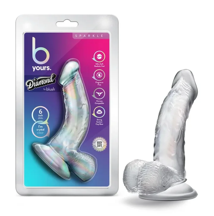 B Yours Diamond By Blush® | Sparkle Realistic G-Spot Clear 6.5-Inch Long Dildo With Balls & Suction Cup Base