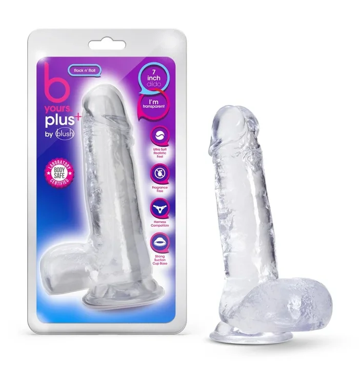 B Yours Plus By Blush® | Rock N’ Roll Realistic Clear 7.25-Inch Long Dildo With Balls & Suction Cup Base