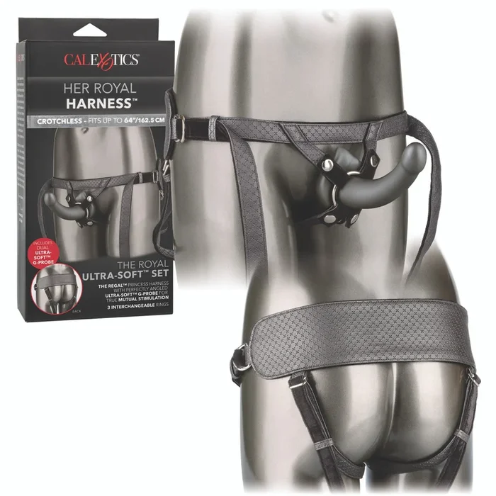 CalEXotics HER ROYAL HARNESS THE ROYAL ULTRA-SOFT Leather Crotchless Strap-on Harness Set Gray