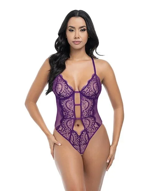 Carmen Lace & Mesh Underwire Crotchless Teddy – Imperial Purple S/M