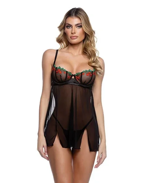 Cherry Delight Embroidered Lace and Mesh Babydoll w/Balconette Cup & Thong 2 pc Set – Black XL
