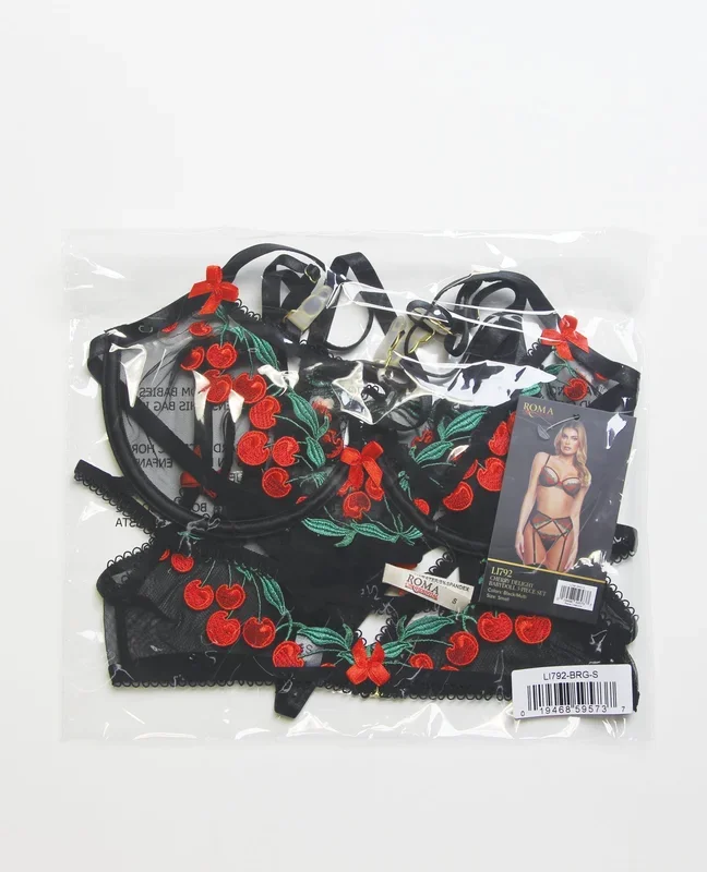 Cherry Delight Embroidered Lace and Mesh Underwire Bra w/Garter & G-String 3 pc Set – Black 1X