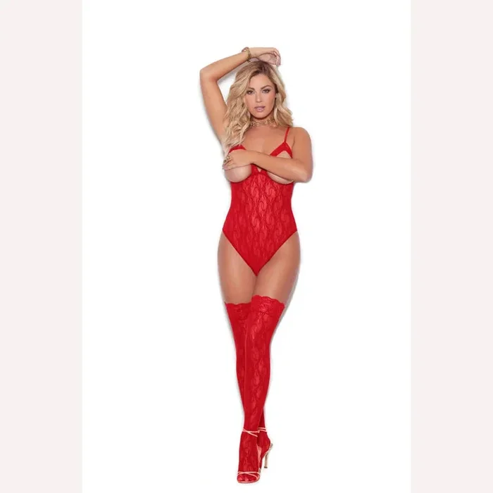 Cupless Stretch Lace Teddy W/ Thigh Hi’s Red O/s