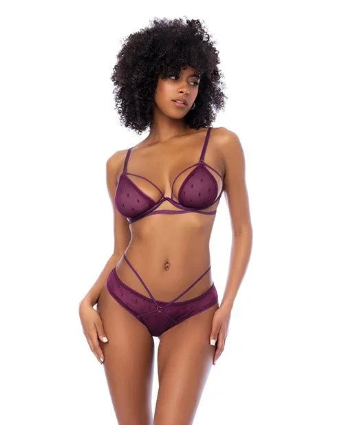 Dot Mesh Underwire Top w/Open Back Panty – Wine