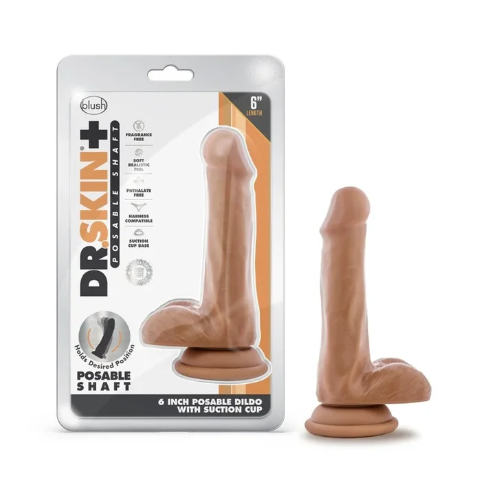 Dr. Skin Plus By Blush® | Realistic Mocha 6.5-Inch Long Soft Yet Erect & Posable Dildo With Balls & Suction Cup Base