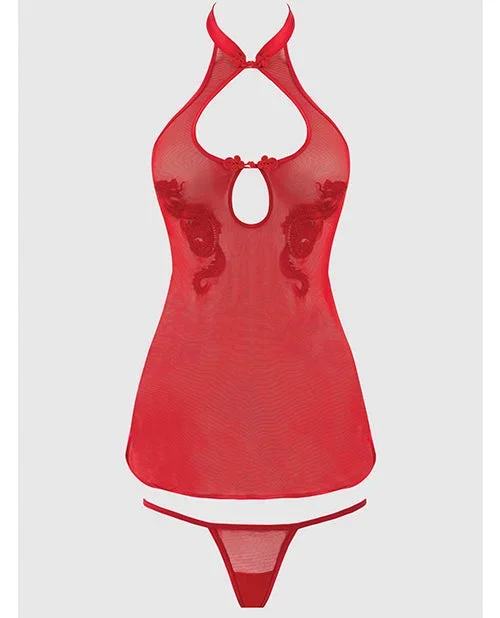 Dragon Mesh & Applique Chemise w/G-String 2 pc Set – Red SM
