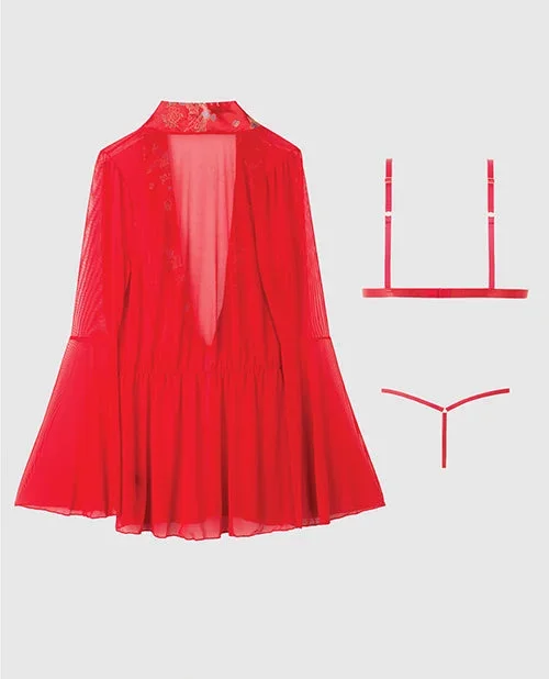 Dragon Sheer Mesh Robe w/Satin Triangle Top & G-String 3 pc Set – Red 3X/4X