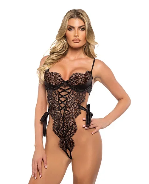 Dreamer’s Lust Scalloped Eyelash Lace and Satin Crotchless Teddy – Black LG