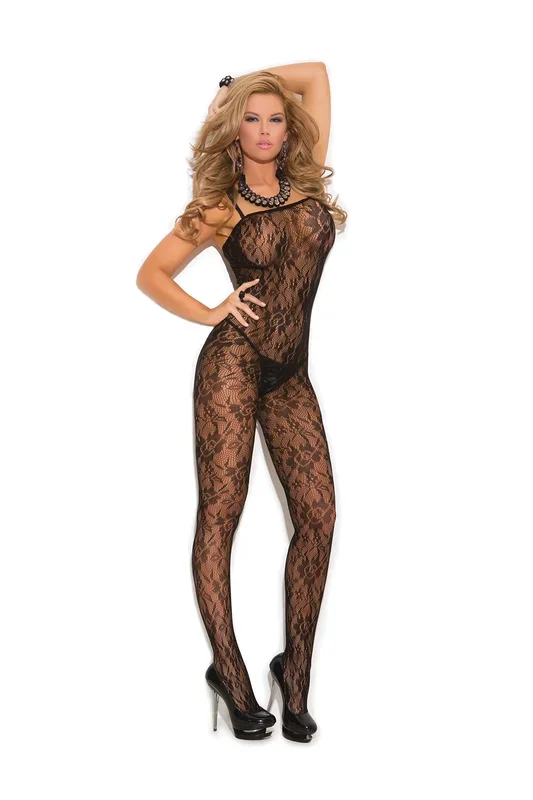 Elegant Moments Rose Lace Bodystocking with Open Crotch Black One Size