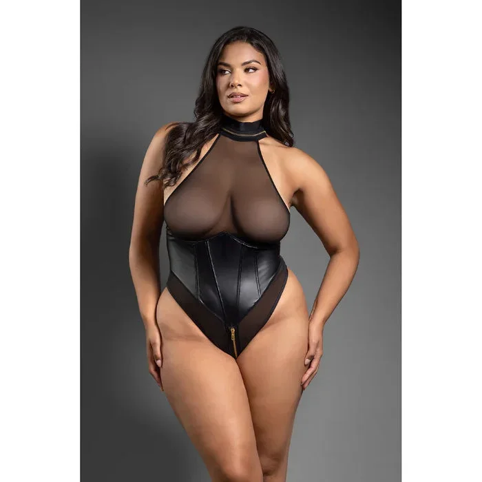 Fantasy Lingerie Domina Faux Leather Corset Mesh Teddy with Zipper Halter & Front To Back Zipper
