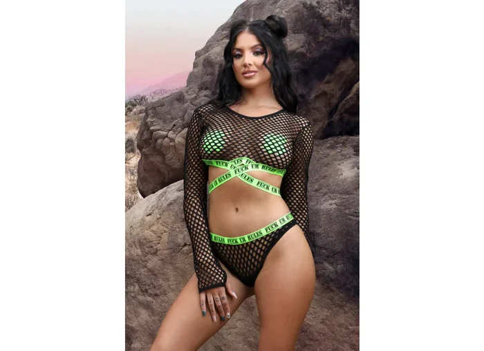 Fantasy Lingerie Fuck Ur Rules Long Sleeve Fishnet Top & Panty with UV Reactive Elastic and Cross Pasties