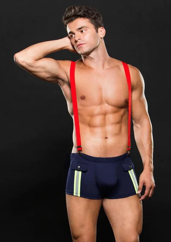 Fireman Bottom With Suspenders 2 Pc – Large/xlarge – Navy Blue/red