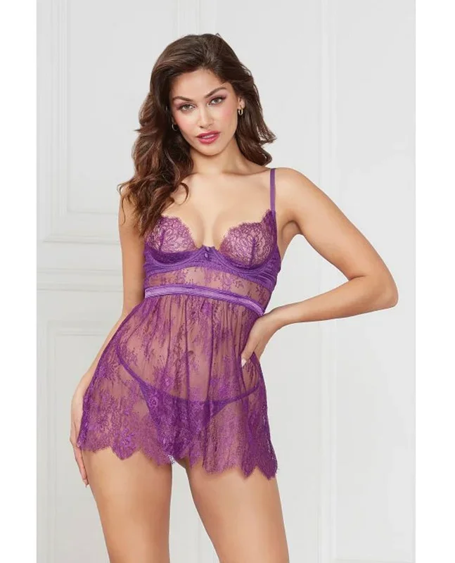 Floral Eyelash Lace Underwire Babydoll w/Thong 2 pc Set – Purple LG