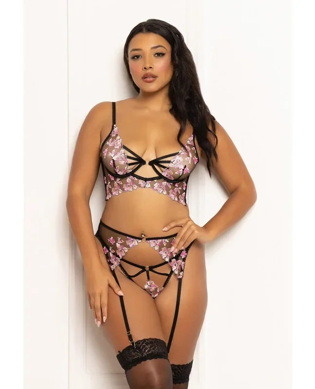 Floral Lace and Mesh Long Line Underwire Bra w/Garter & G-String – Black/Pink MD