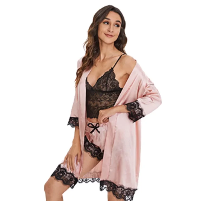 Floral Trim Satin Robe