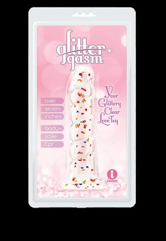 Glittergasm Swirl Clear Dildo with Suction Cup – Orange/Red/Golden Glitter