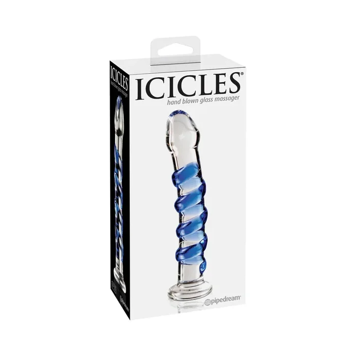 Icicles No. 5 Curved Ribbed 7 in. Glass Dildo Blue/Clear