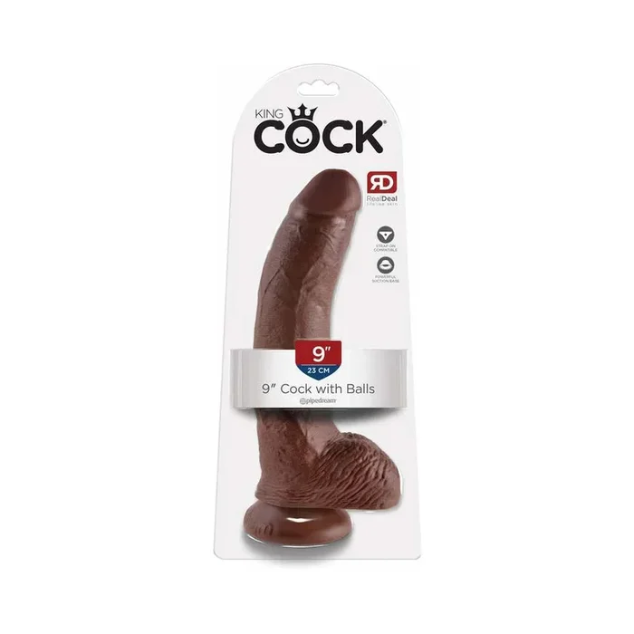 King Cock 9 in. Cock With Balls Realistic Suction Cup Dildo Brown