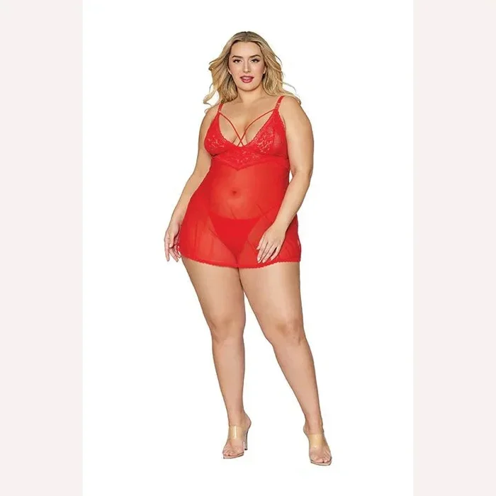 Lace & Mesh Babydoll & G- String Set Lipstick Red Q/s