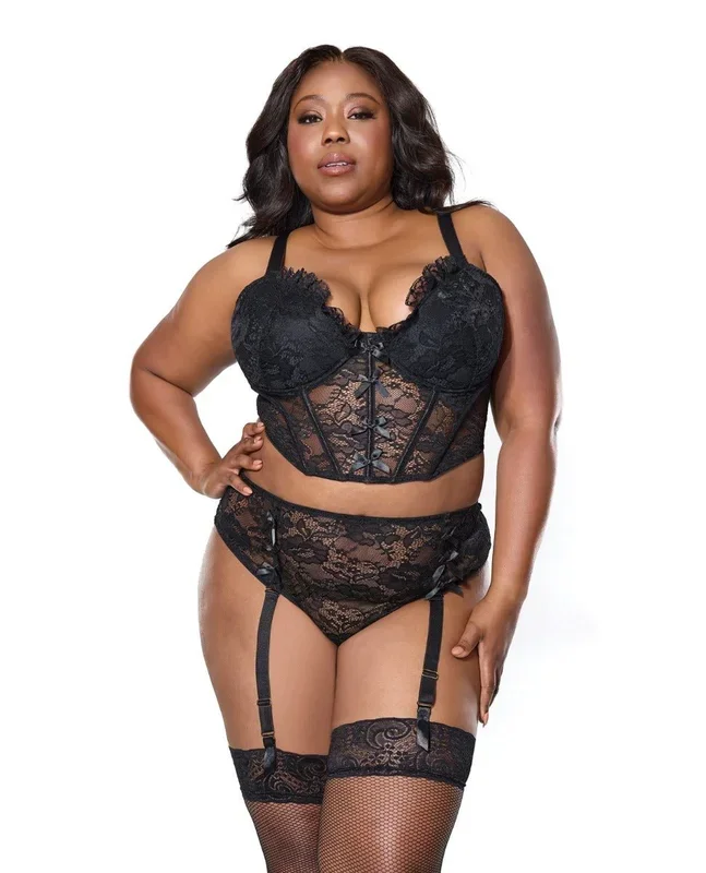 Lace Bustier w/Padded Cups & Gartered Thong Panty 2 pc Set – Black 3X/4X