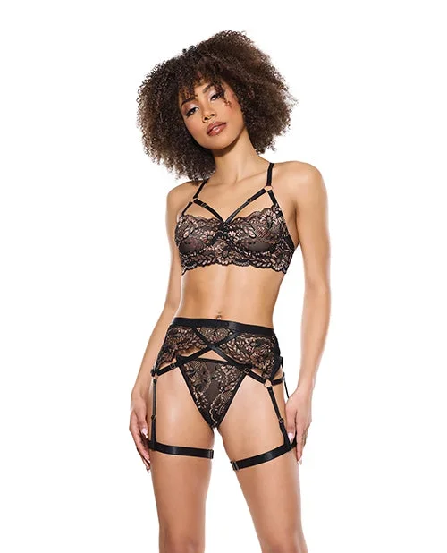 Lace Underwire Bralette w/Thong & Garter – Black/Rose Gold SM