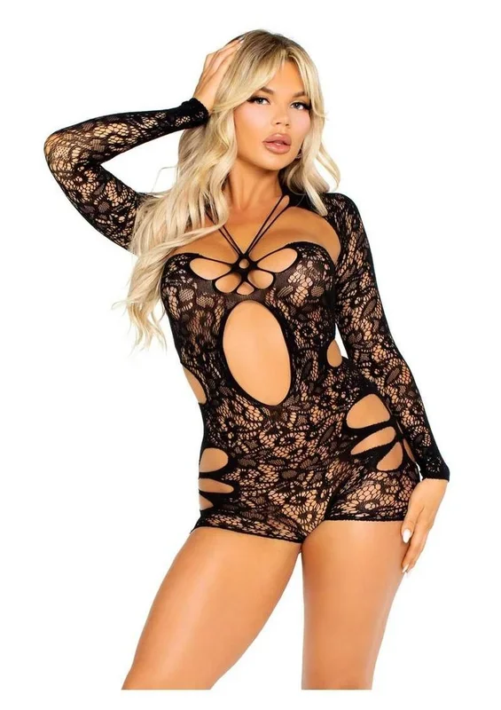 Leg Avenue Cut-Out Lace Romper with Attached Shrug