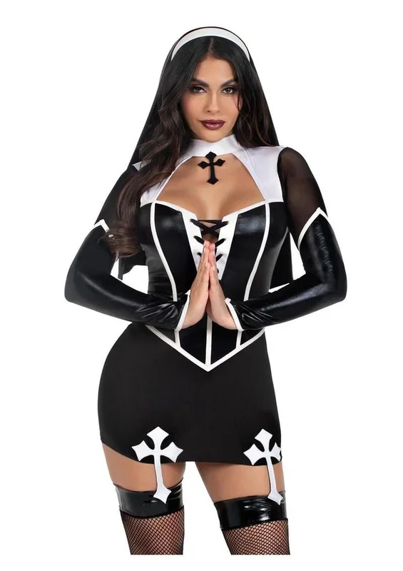 Leg Avenue Holy Hottie Set Boned Garter Dress with Cross Accents and Nun Habit