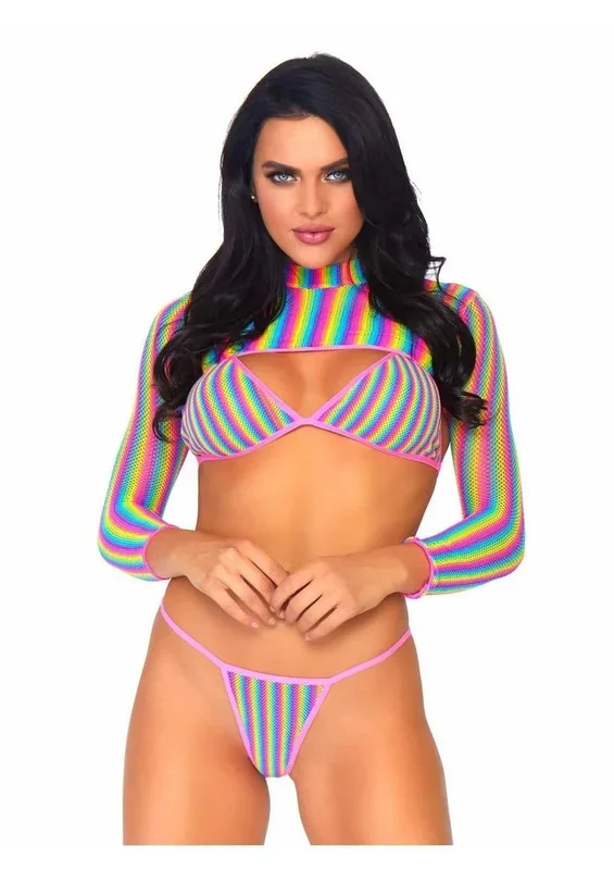 Leg Avenue Rainbow Fishnet Bikini Top, G-String, and Long Sleeved Crop Top