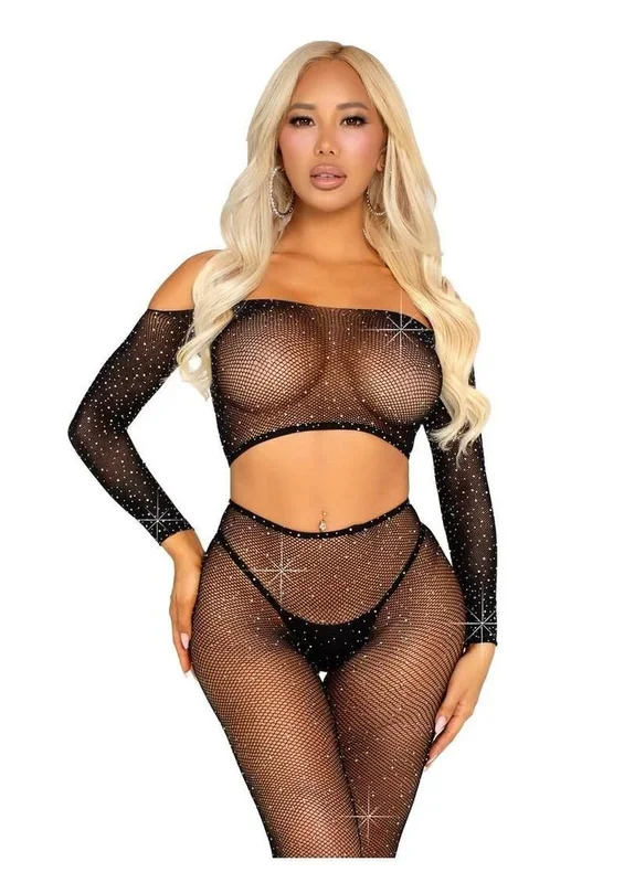 Leg Avenue Rhinestone Fishnet Crop Top and Footless Tights