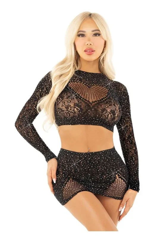 Leg Avenue Rhinestone Lace and Net Crop Top with Heart Keyhole Detail and Mini Skirt