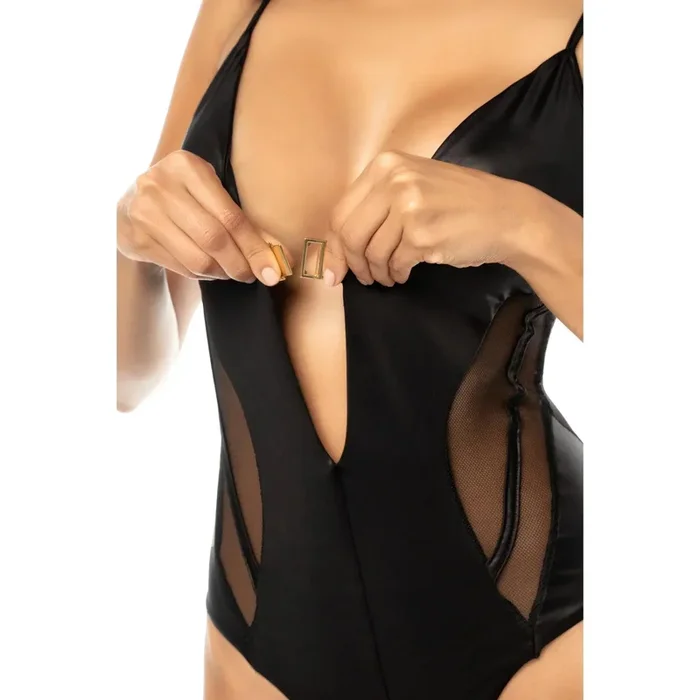 Mapale 2025 Volume II – Leather-Effect Bodysuit with Mesh Panels and Front Clasp