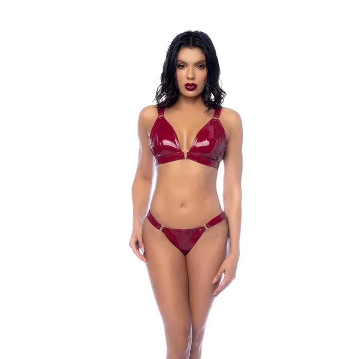 Mapale Wine Vinyl Two-Piece Lingerie Set – Ring Detail Bralette & Thong