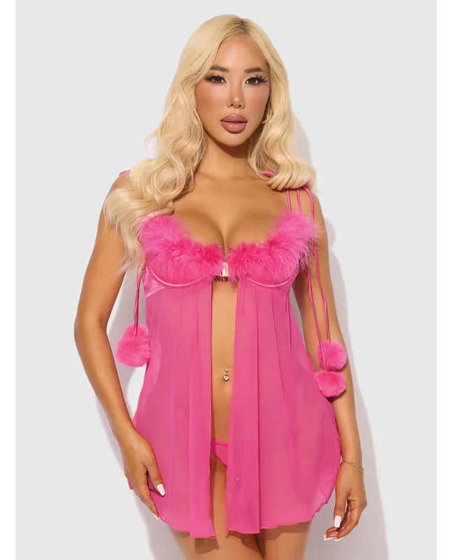 Marilyn Marabou & Mesh Babydoll & G-String Set – Pink LG
