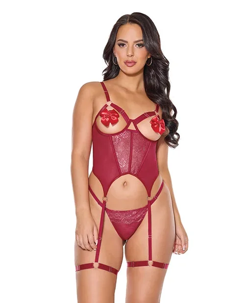 Metallic Stretch Scallop Lace and Mesh Bustier w/Thong – Red XL