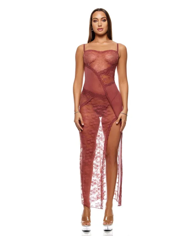 Patch of Petals Sheer Mesh and Lace Gown w/Thong 2 pc Set – Mauve XL
