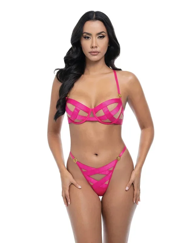 Raelynn Satin Strappy Underwire Bra w/G-String 2 pc Set – Pink Yarrow LG