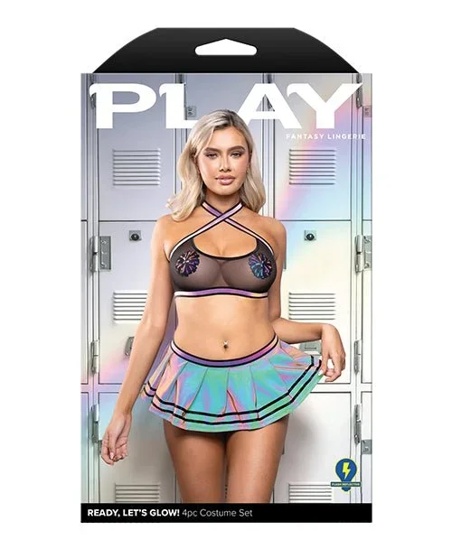 Ready Let’s Glow Flash Reflective Mesh Top w/Skirt, G-String & Pom-Pom Pasties 4 pc Set – Multi Color M/L