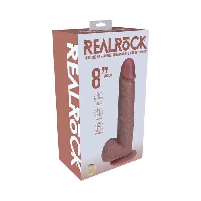 RealRock 8 in. Vibrating and Thrusting Cock with Balls Regular Straight Tan