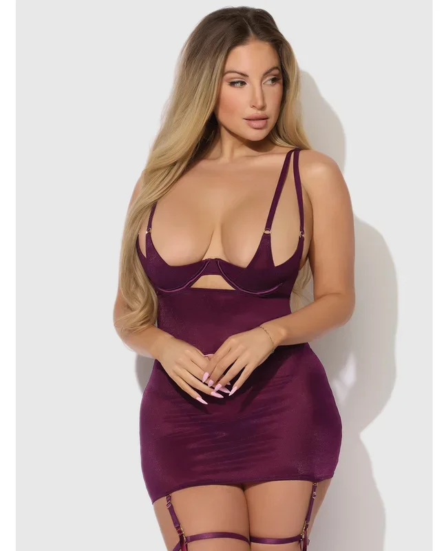 Yasmine Shimmer Mesh O-Ring Thigh Garter Chemise & G-String Set – Burgundy 3X/4X