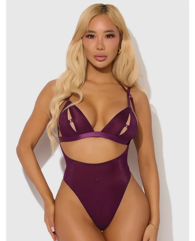 Yasmine Shimmer Mesh Slit Cup, Backless Teddy & Bralette Set – Burgundy 3X/4X